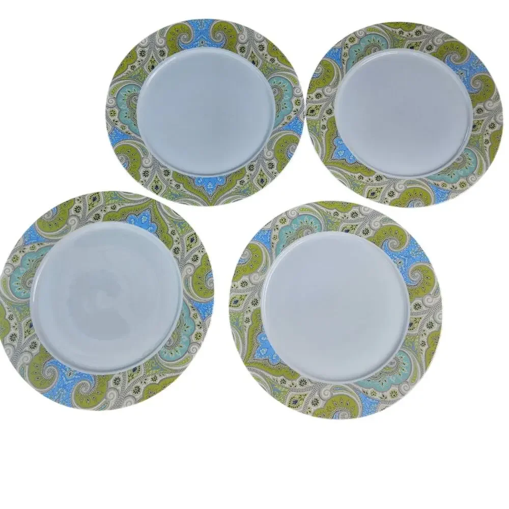 Set of 4 Porcelain Paisley Green Blue Dinner Plates 10.75